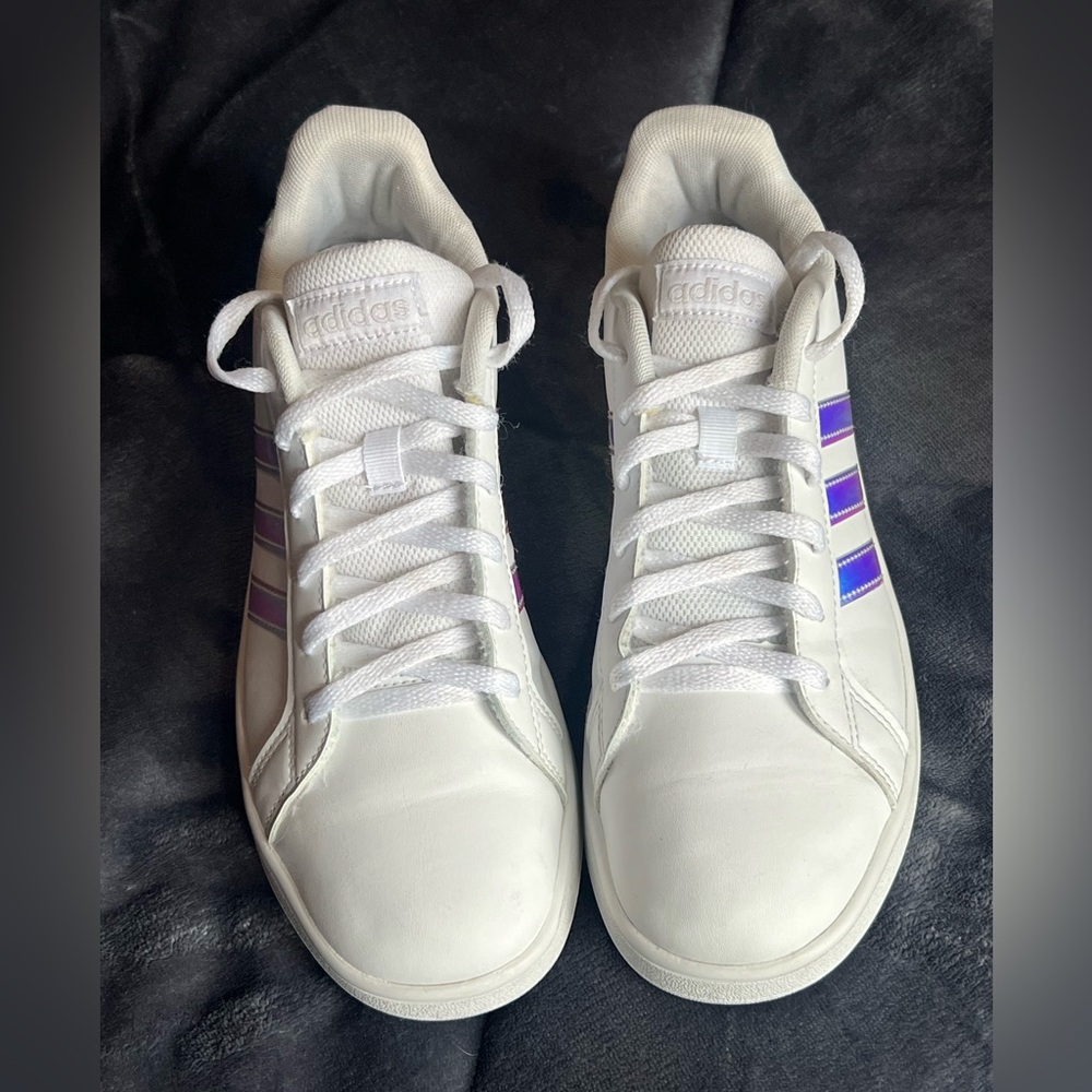 Adidas White Shoes with Purple Accents